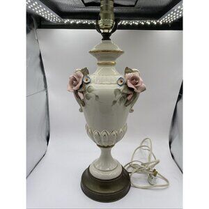 Vintage Cordey  Capodimonte Style Table Lamp  Pink Porcelain Roses Gold Trim